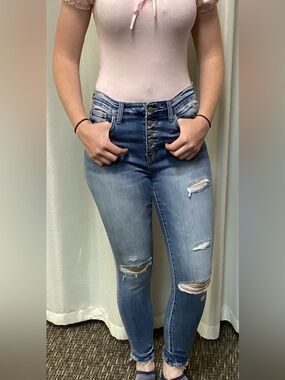 Flying Monkey Light Blue High-Rise Distressed Button-Fly Jeans F4127